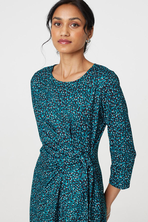 Green | Animal Print Knot 3/4 Sleeve Short Dress
