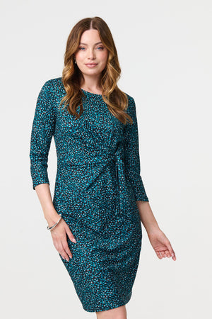 Green | Animal Print Knot 3/4 Sleeve Short Dress : Model is 5'9