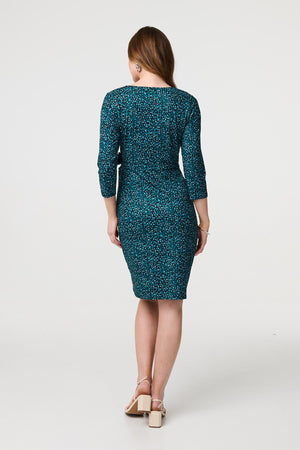 Green | Animal Print Knot 3/4 Sleeve Short Dress
