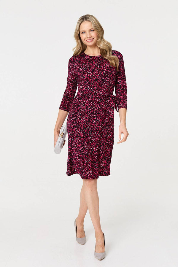 Pink | Animal Print Knot 3/4 Sleeve Short Dress
