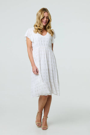White | Embellished Relaxed Midi Dress
