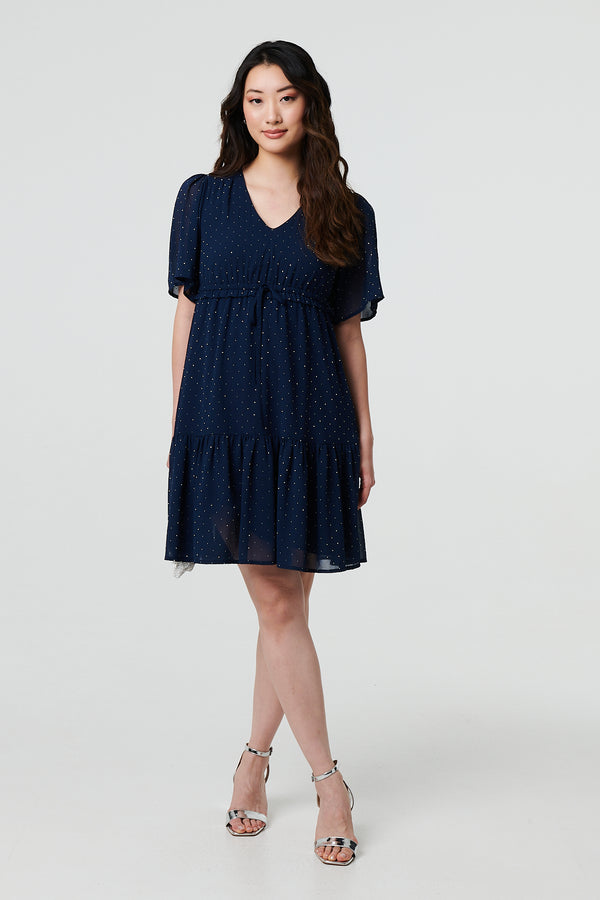 Navy | Sparkly Dot Print Semi Sheer Short Dress
