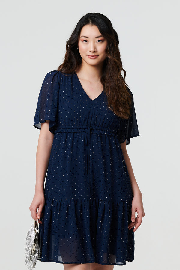 Navy | Sparkly Dot Print Semi Sheer Short Dress
