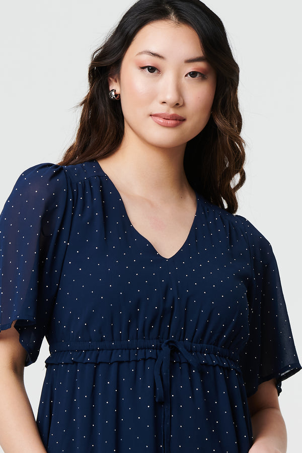 Navy | Sparkly Dot Print Semi Sheer Short Dress
