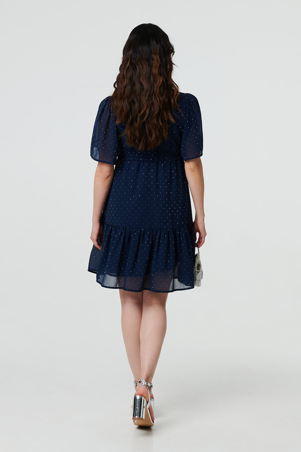 Navy | Sparkly Dot Print Semi Sheer Short Dress
