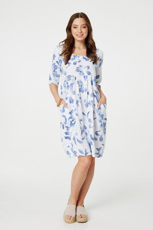White | Leaf Print 3/4 Sleeve Knee Length Dress
