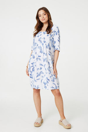 White | Leaf Print 3/4 Sleeve Knee Length Dress
