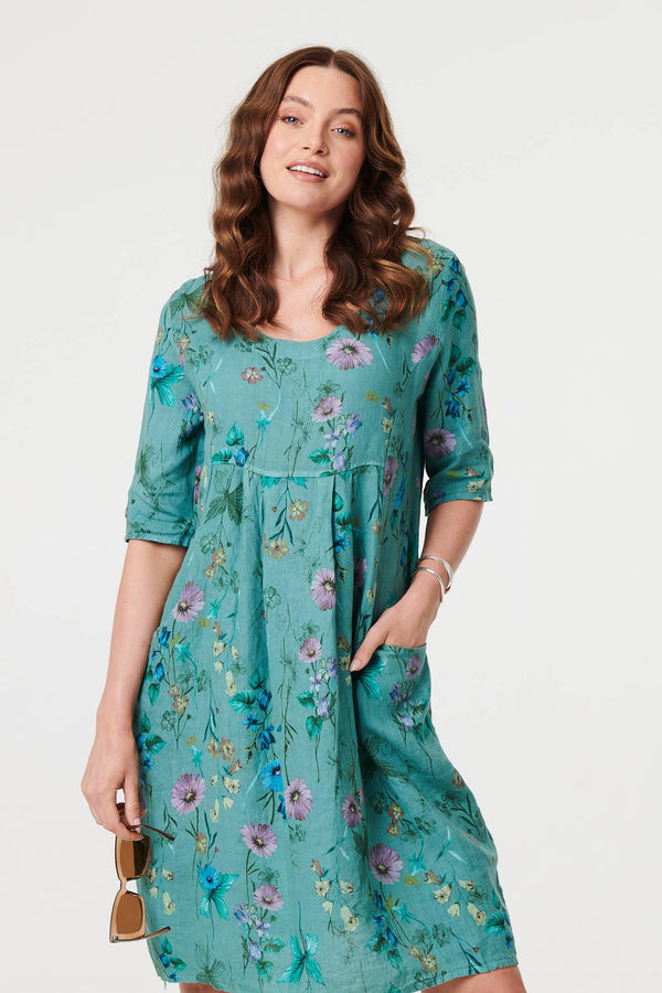 Teal | Floral 3/4 Sleeve Short Shift Dress
