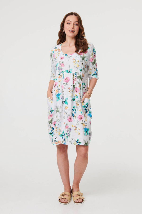 White | Floral 3/4 Sleeve Short Shift Dress
