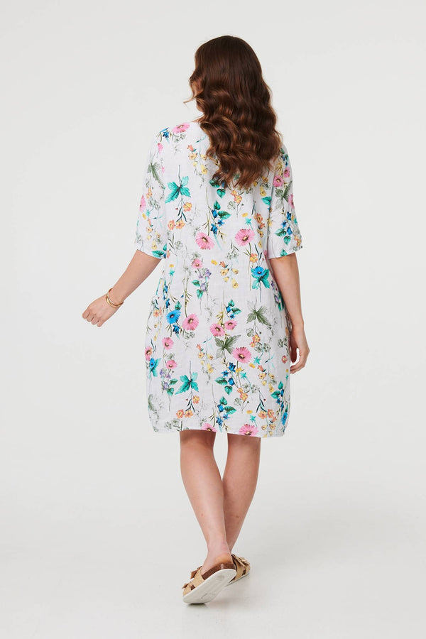 White | Floral 3/4 Sleeve Short Shift Dress
