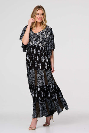 Black | Leaf Print 3/4 Kimono Sleeve Maxi Dress