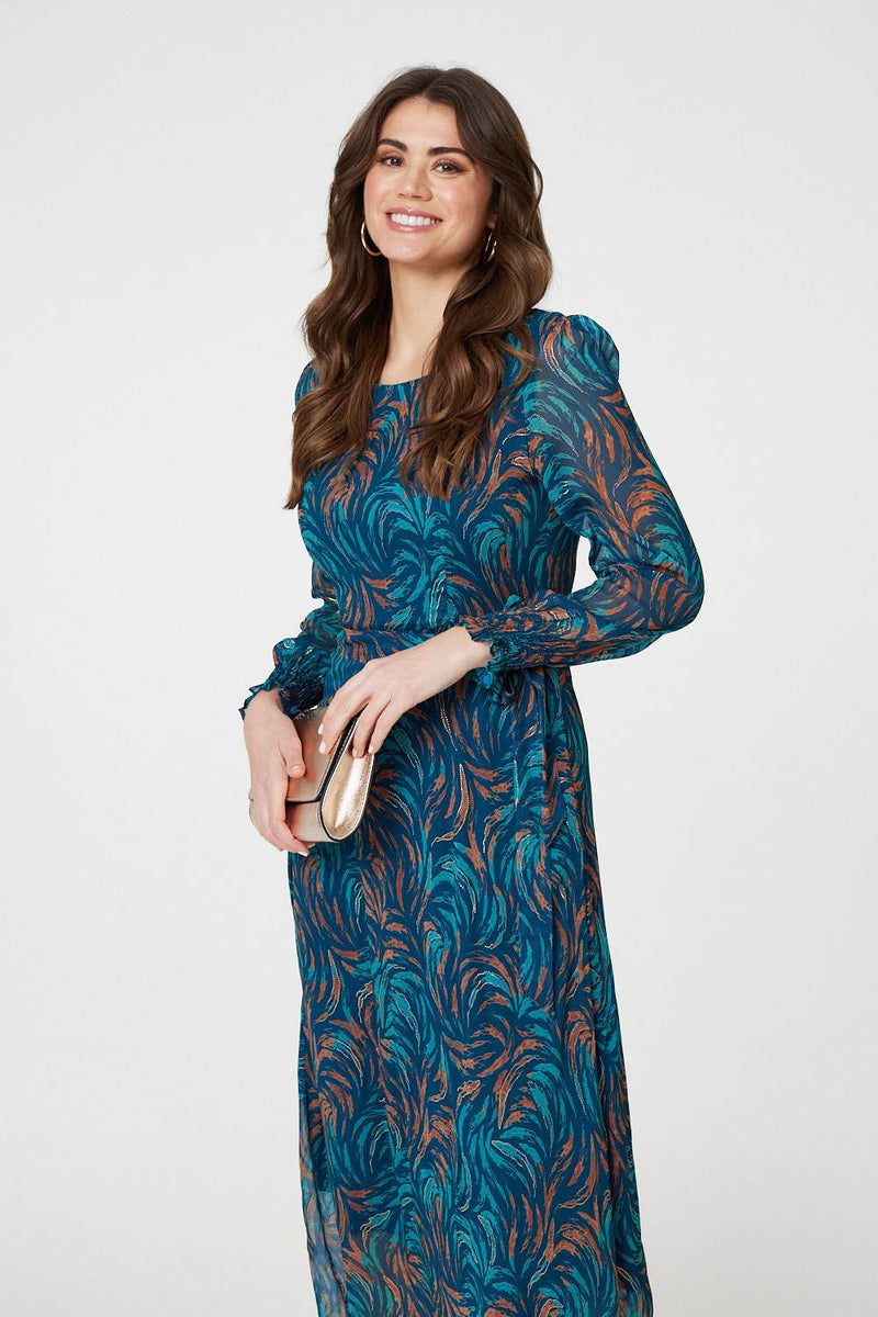 teal long dress with sleeves Abstract Long Sheer Sleeve Maxi Dress