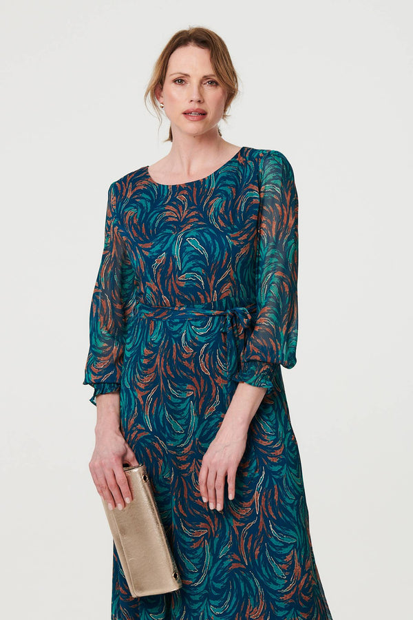 Teal | Abstract Long Sheer Sleeve Maxi Dress