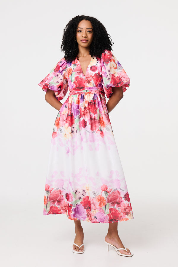 White | Floral Print 1/2 Angel Sleeve Midi Dress