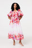 White | Floral Print 1/2 Angel Sleeve Midi Dress