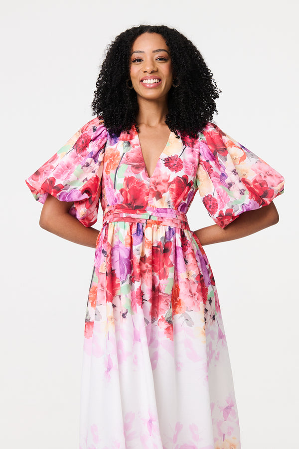 White | Floral Print 1/2 Angel Sleeve Midi Dress