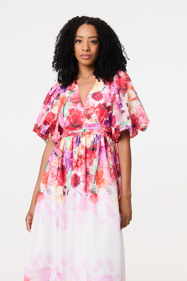 White | Floral Print 1/2 Angel Sleeve Midi Dress