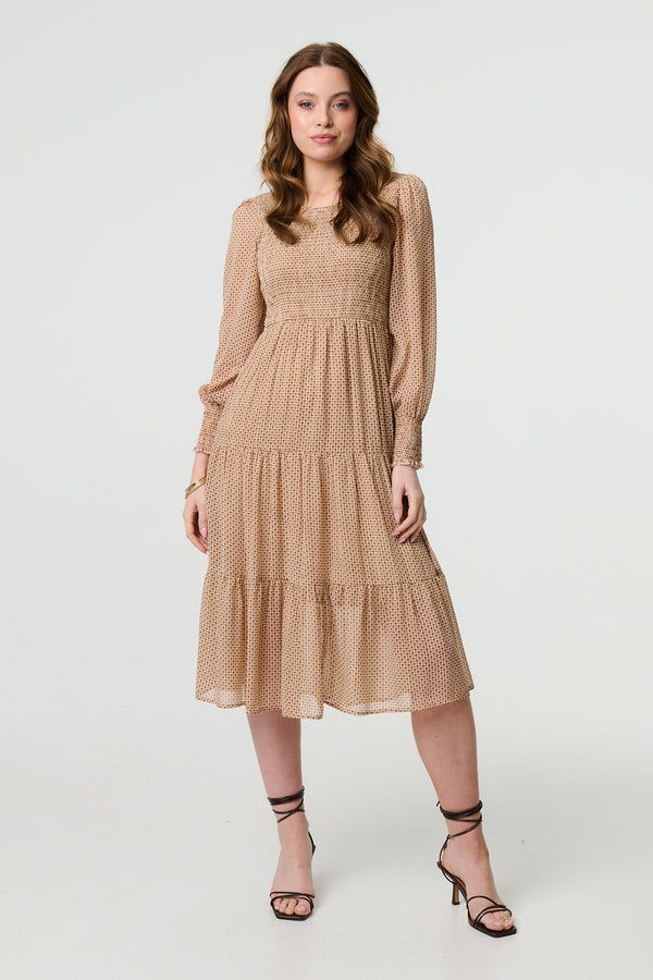 Beige | Dot Print Semi Sheer Tiered Midi Dress
