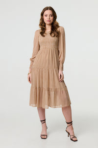 Beige | Dot Print Semi Sheer Tiered Midi Dress
