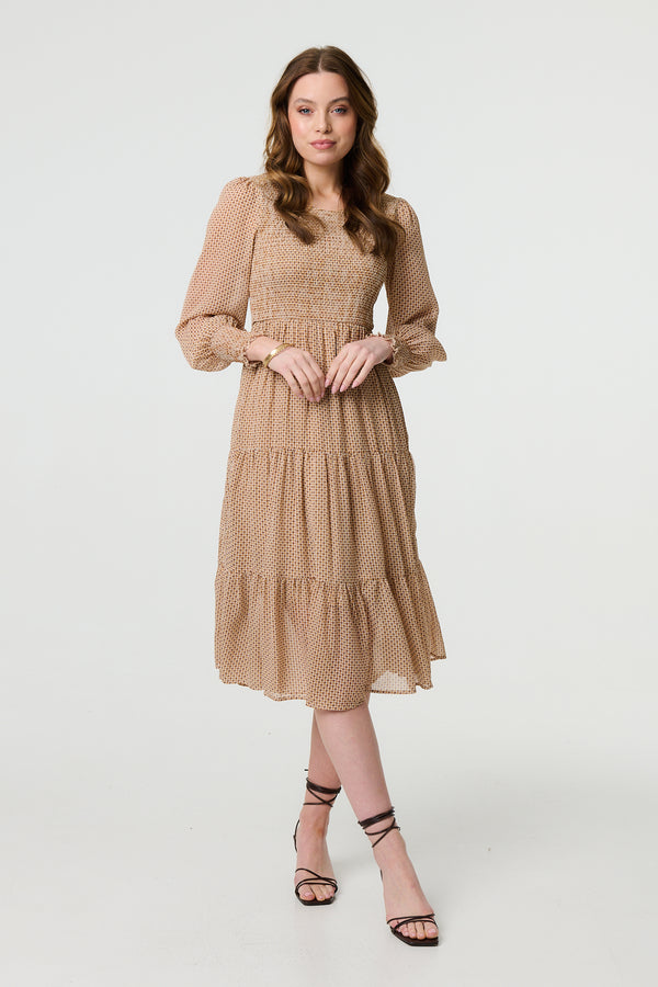 Beige | Dot Print Semi Sheer Tiered Midi Dress

