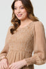 Beige | Dot Print Semi Sheer Tiered Midi Dress
