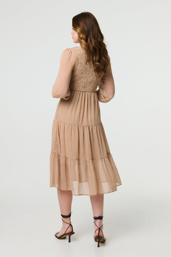 Beige | Dot Print Semi Sheer Tiered Midi Dress
