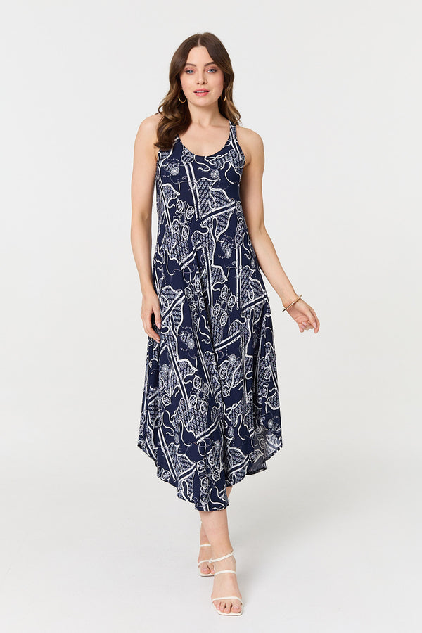 Navy | Abstract Sleeveless Swing Maxi Dress

