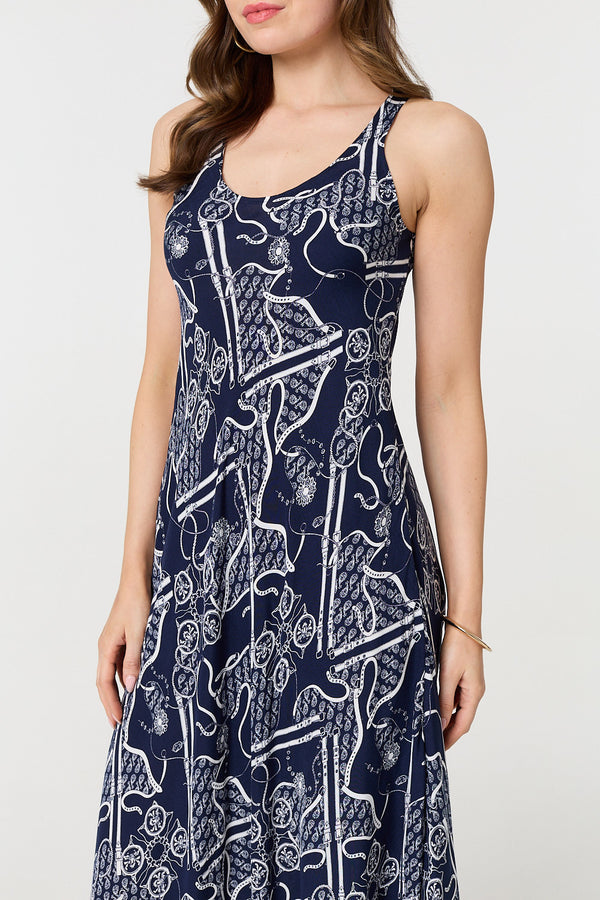 Navy | Abstract Sleeveless Swing Maxi Dress
