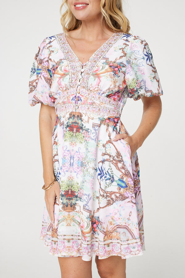 White | Border Print V-Neck Empire Mini Dress