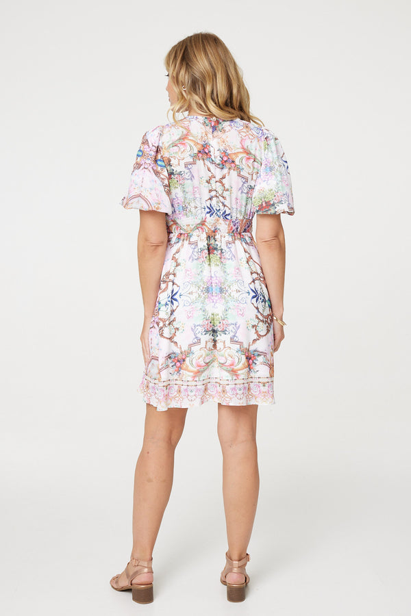 White | Border Print V-Neck Empire Mini Dress