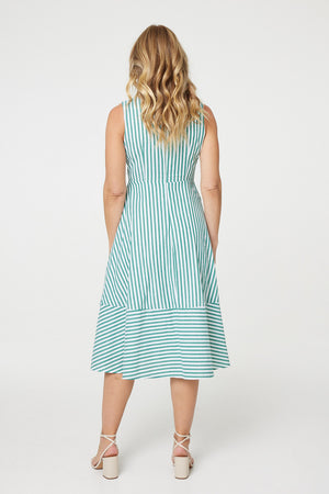 Green | Striped Tie Waist Tiered Midi Dress