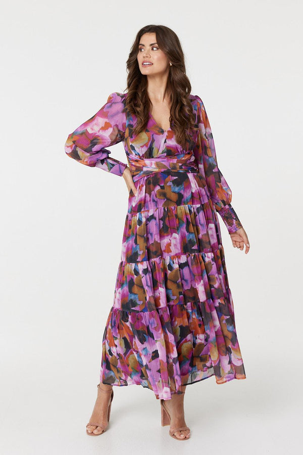 Pink | Floral Long Sleeve Ruched Maxi Dress : Model is 5'9"/175 cm and wears UK10/EU38/US6/AUS10
