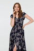 Navy | Leaf Print Shirred Lace Trim Maxi Dress