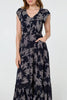 Navy | Leaf Print Shirred Lace Trim Maxi Dress