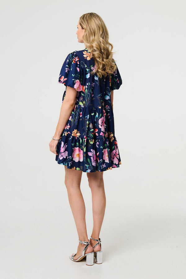 Blue | Floral High Neck Puff Sleeve Mini Dress
