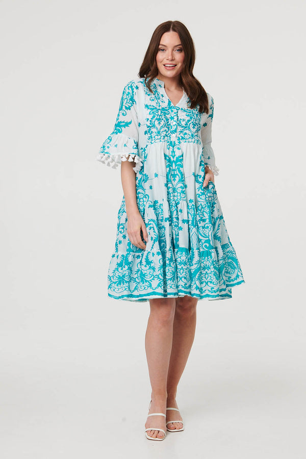Blue | Printed Tassel Sleeve Knee Length Dress
