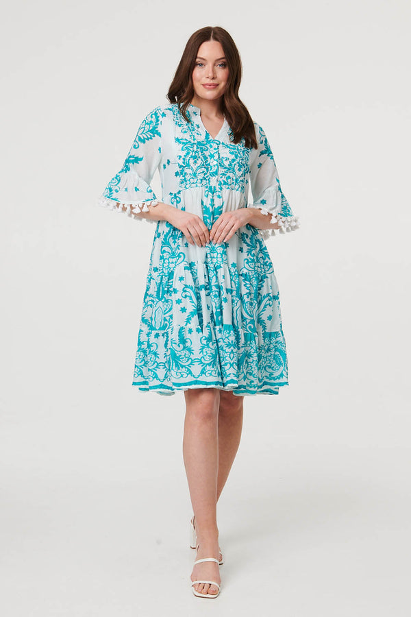 Blue | Printed Tassel Sleeve Knee Length Dress