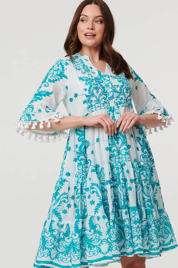 Blue | Printed Tassel Sleeve Knee Length Dress