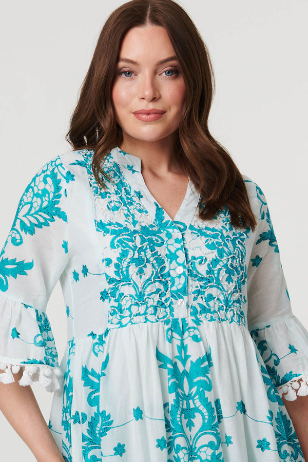 Blue | Printed Tassel Sleeve Knee Length Dress