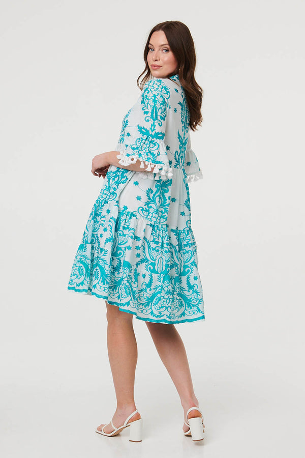 Blue | Printed Tassel Sleeve Knee Length Dress