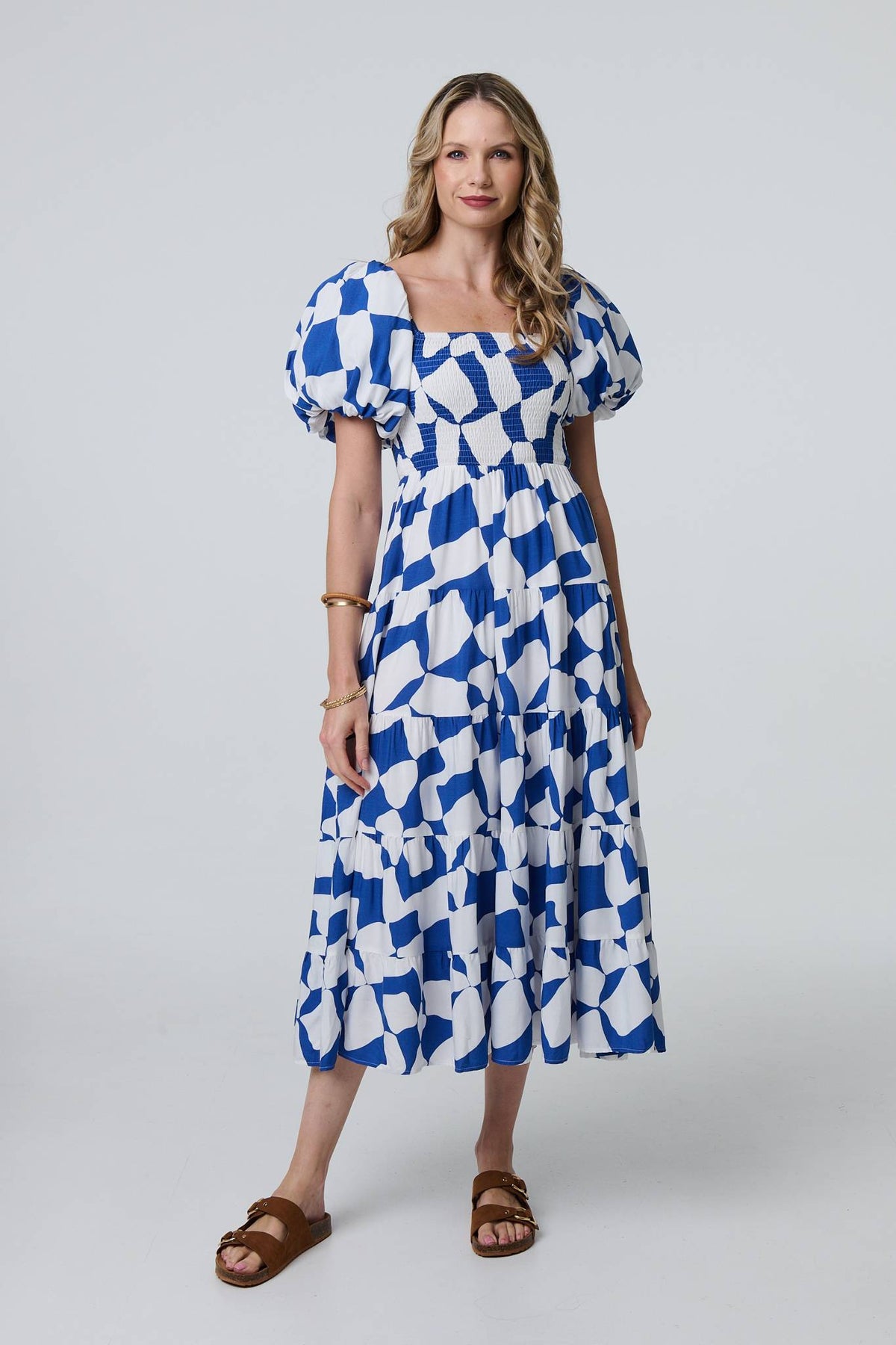 Printed Puff Sleeve Bardot Smock Midi Dress