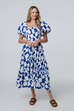 Blue | Printed Puff Sleeve Bardot Smock Midi Dress
