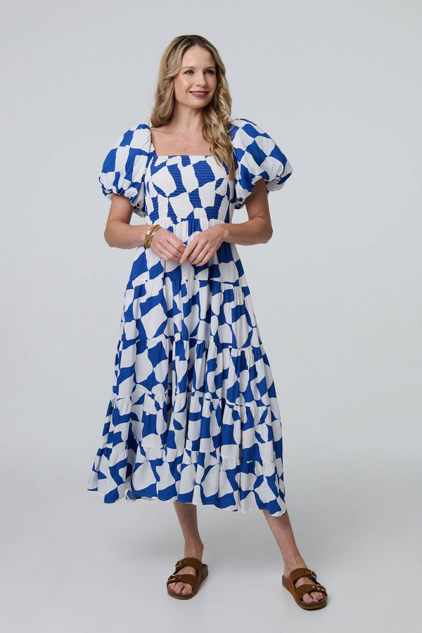 Blue | Printed Puff Sleeve Bardot Smock Midi Dress
