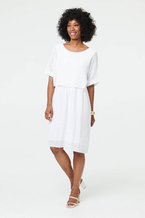 White | Mesh Textured Layered Midi Dress : Model is 5'10