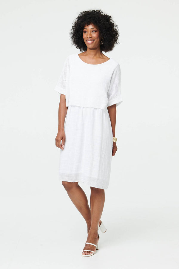 White | Mesh Textured Layered Midi Dress