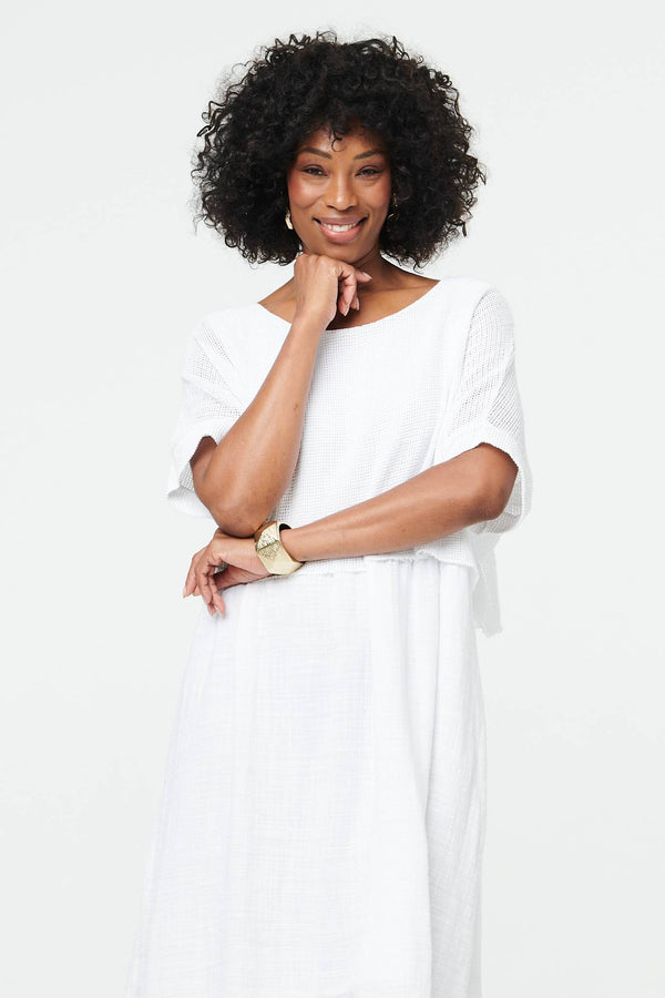 White | Mesh Textured Layered Midi Dress