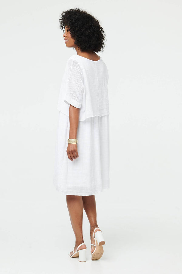 White | Mesh Textured Layered Midi Dress