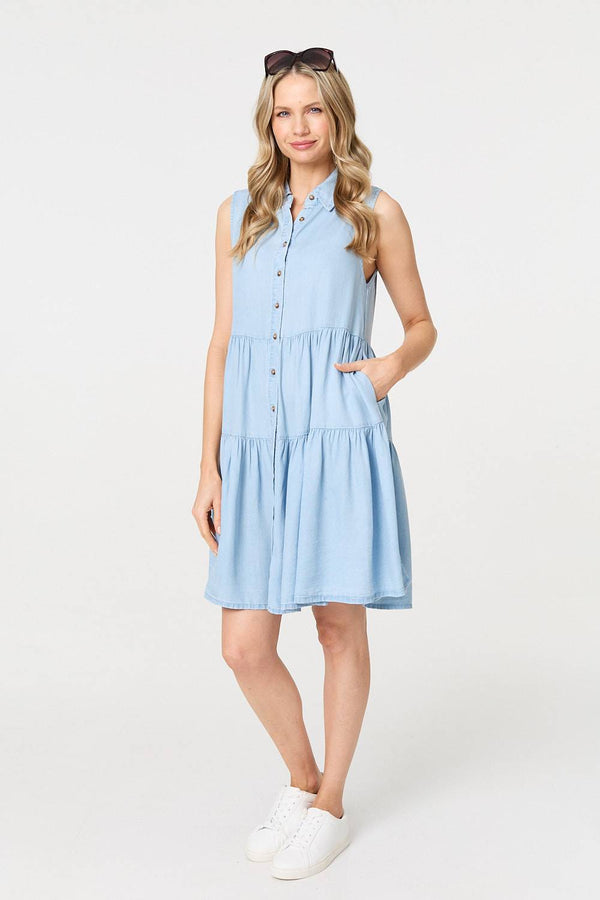 Light Blue | Sleeveless Tiered Shirt Mini Dress
