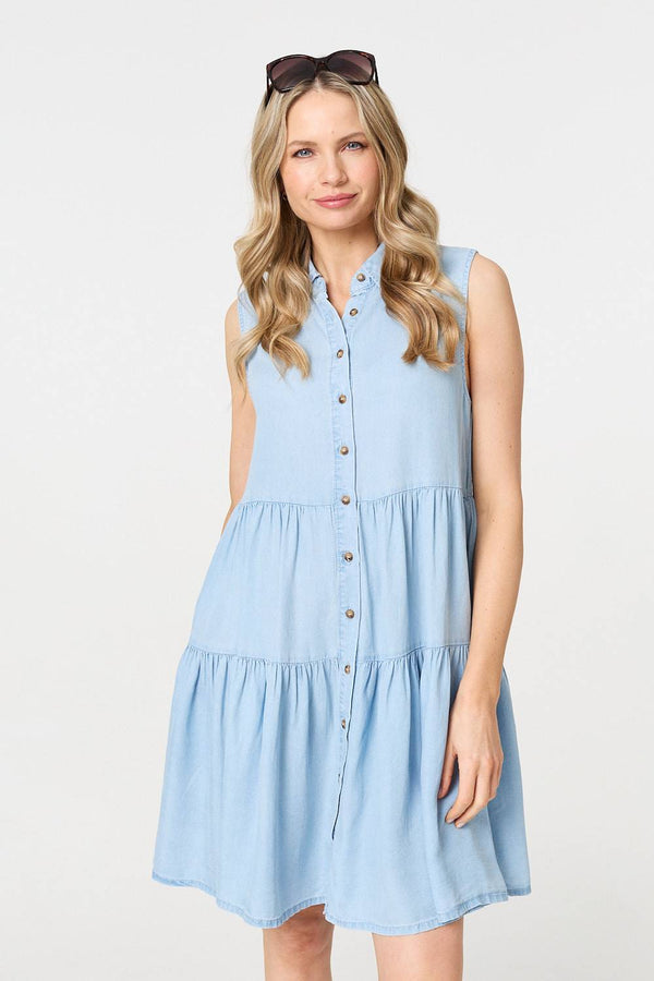 Light Blue | Sleeveless Tiered Shirt Mini Dress
