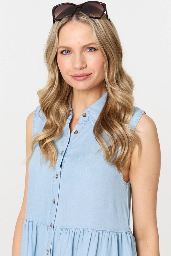 Light Blue | Sleeveless Tiered Shirt Mini Dress
